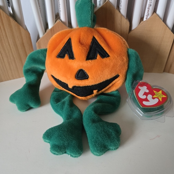 Ty 1998 pumpk'n the pumpkin beanie baby jack-o-lantern tag with cover orange 90s - Picture 16 of 16